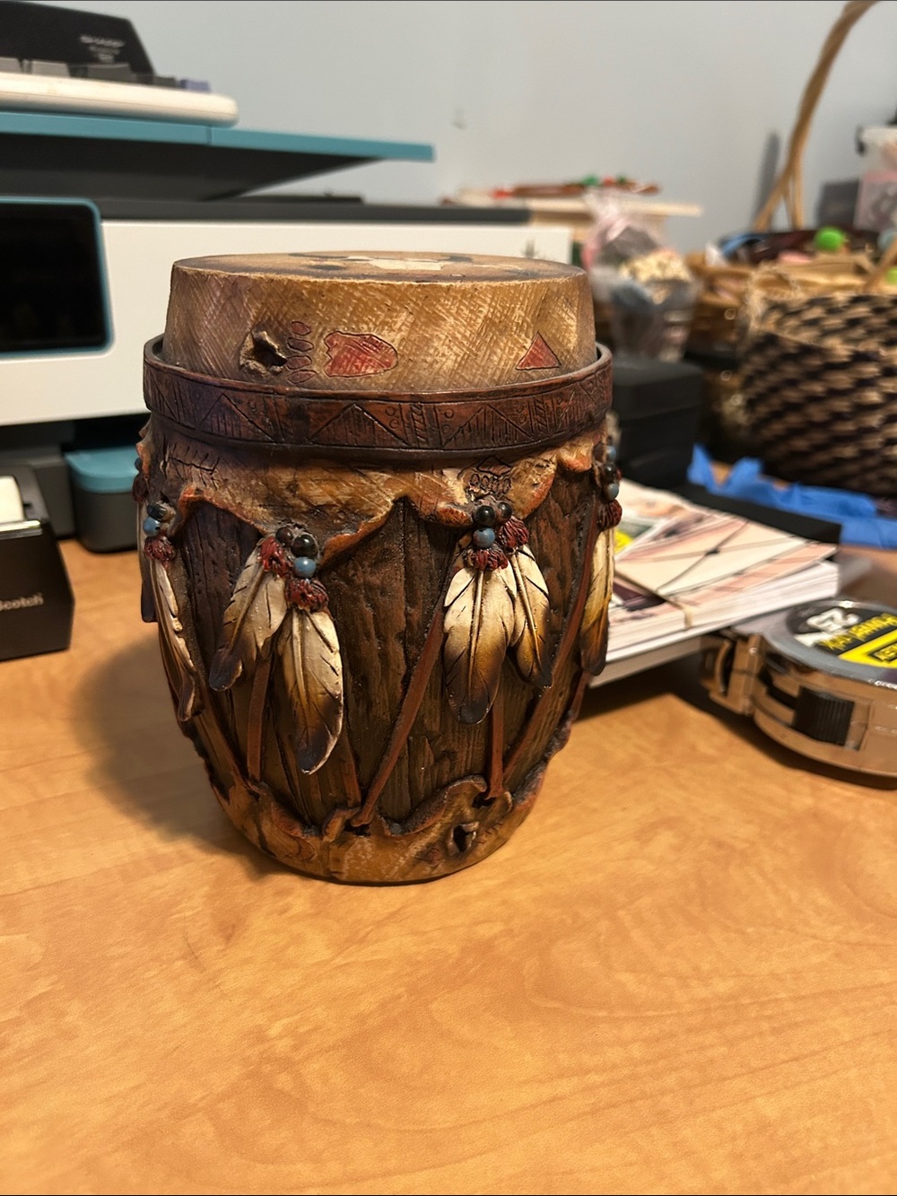 Rustic Feather Embellished Accent Jar - Brown